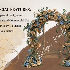 May include: A wooden archway decorated with beige and blue flowers, with a swing hanging from the top. The archway is 10.3 inches by 10.3 inches.