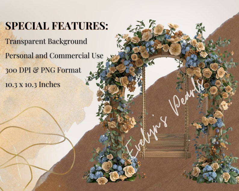 May include: A wooden archway decorated with beige and blue flowers, with a swing hanging from the top. The archway is 10.3 inches by 10.3 inches.