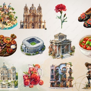 May include: A collection of colorful illustrations depicting various aspects of Spanish culture, including a traditional village, a church, a soccer stadium, a red carnation flower, a bowl of tomato soup, a pitcher of sangria, a building with a balcony, and a man in a traditional Spanish hat.