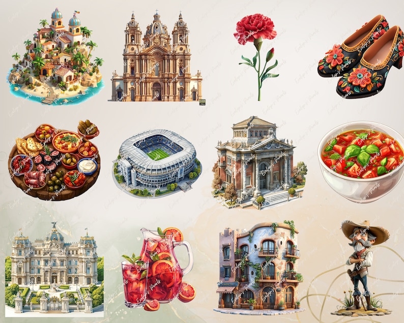 May include: A collection of colorful illustrations depicting various aspects of Spanish culture, including a traditional village, a church, a soccer stadium, a red carnation flower, a bowl of tomato soup, a pitcher of sangria, a building with a balcony, and a man in a traditional Spanish hat.