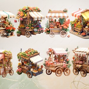 Pu&ograve; includere: Una collezione di otto carretti in legno in miniatura per fiori e frutta con tende colorate. Ogni carrello ha un assortimento diverso di fiori e frutta, tra cui fragole, mele, arance e girasoli. I carretti sono su ruote e hanno un'estetica rustica e affascinante.