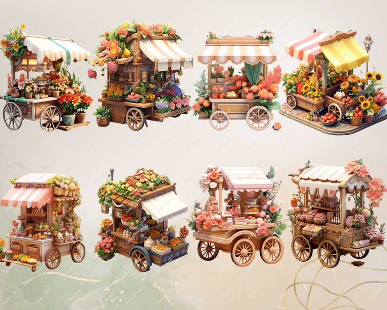Pu&ograve; includere: Una collezione di otto carretti in legno in miniatura per fiori e frutta con tende colorate. Ogni carrello ha un assortimento diverso di fiori e frutta, tra cui fragole, mele, arance e girasoli. I carretti sono su ruote e hanno un'estetica rustica e affascinante.