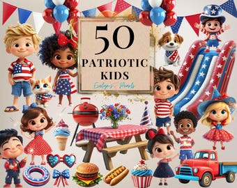 Patriotic Kids Clipart, 4th of July Children, Red White Blue Outfits, USA Party Illustrations, Fireworks, Picnic | Commercial Use Clipart