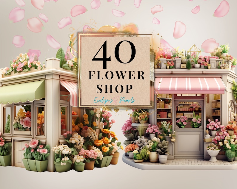 Pu&ograve; includere: Un negozio di fiori in miniatura con un tendone rosa e un cartello che recita "40 Flower Shop Evelyn's Pearls". Il negozio &egrave; decorato con fiori e piante, e dal cielo cadono petali di fiori rosa.