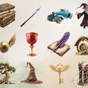 May include: A collection of magical items including a stack of old books, a blue wand, a vintage car, a wizard, a golden snitch, a goblet, a quill and an open book, a small house with a clock, a tree, a witch's hat, a golden key with wings, and a bookshelf filled with books.