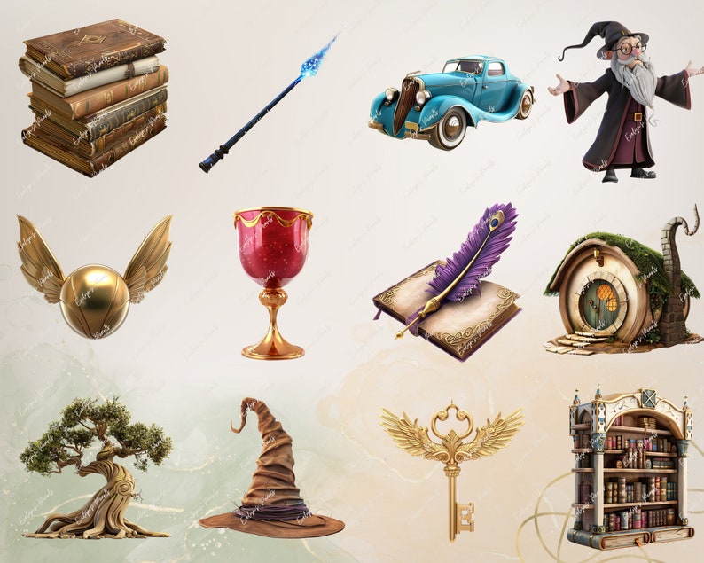 May include: A collection of magical items including a stack of old books, a blue wand, a vintage car, a wizard, a golden snitch, a goblet, a quill and an open book, a small house with a clock, a tree, a witch's hat, a golden key with wings, and a bookshelf filled with books.