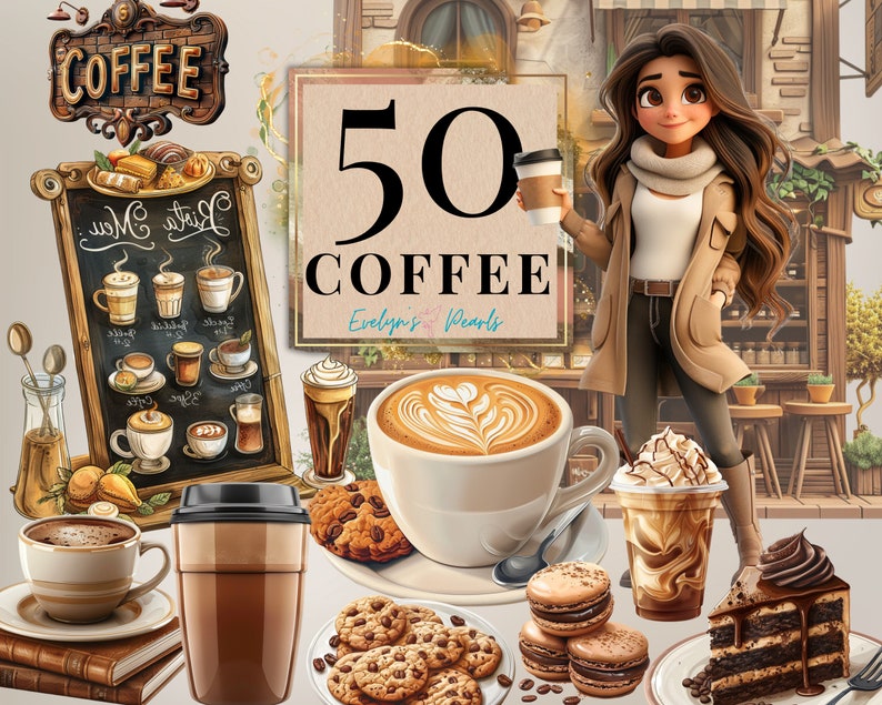 May include: A digital illustration of a coffee shop with a sign that says "50 Coffee Evelyn's Pearls". There are various coffee drinks, pastries, and cookies in the image.