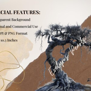 May include: A digital illustration of a gnarled, twisted tree with a swing hanging from a branch. The tree is set against a brown and beige background with the text "Evelyn's Pearls" written on the tree. The image is 10.3 inches by 10.3 inches and has a transparent background.