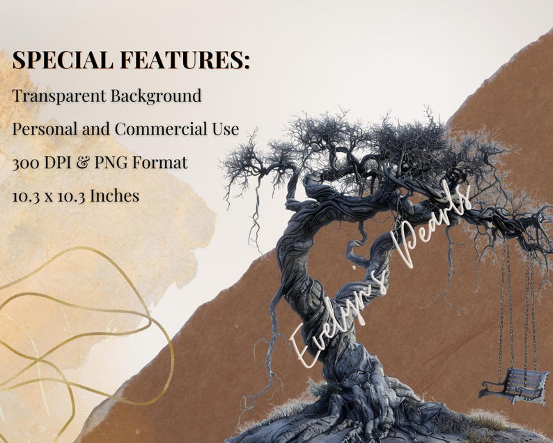 May include: A digital illustration of a gnarled, twisted tree with a swing hanging from a branch. The tree is set against a brown and beige background with the text "Evelyn's Pearls" written on the tree. The image is 10.3 inches by 10.3 inches and has a transparent background.