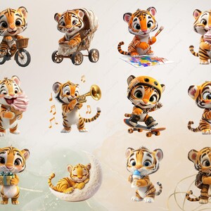 May include: Ten illustrations of cute cartoon tiger cubs in various poses. The cubs are wearing different outfits and holding various objects, such as a cupcake, a trumpet, a skateboard, and a paintbrush. The illustrations are set against a white background.