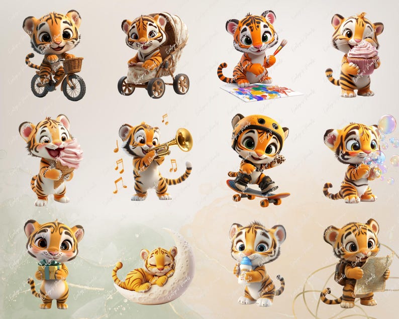 May include: Ten illustrations of cute cartoon tiger cubs in various poses. The cubs are wearing different outfits and holding various objects, such as a cupcake, a trumpet, a skateboard, and a paintbrush. The illustrations are set against a white background.