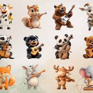 Alt Text 6:
Twelve joyful animals, from cows and pandas to bears and rhinos, play musical instruments such as guitars, flutes, and accordions. Each character is full of personality in a playful, cartoon style.