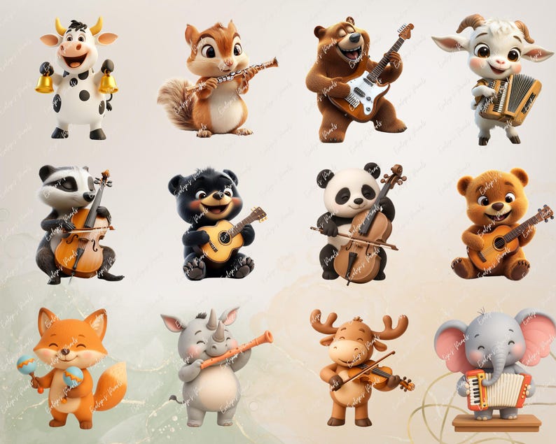 Alt Text 6:
Twelve joyful animals, from cows and pandas to bears and rhinos, play musical instruments such as guitars, flutes, and accordions. Each character is full of personality in a playful, cartoon style.