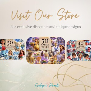 May include: An advertisement with the text "Visit Our Store" and "For exclusive discounts and unique designs." The image features three illustrated scenes with the text "My Blue Valentine," "Spring Touch," and "Frosty Romance."