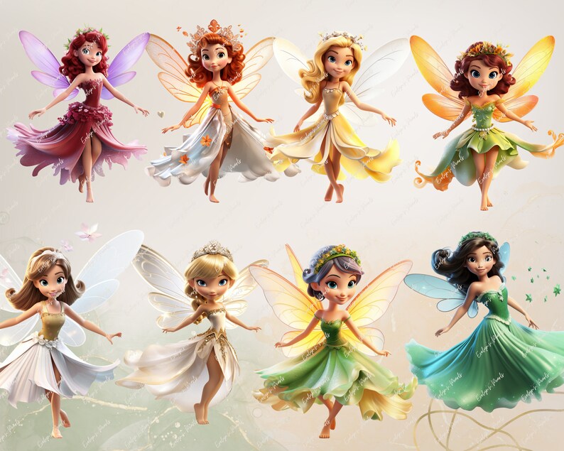 May include: Eight fairies with wings, each wearing a different colored dress and flower crown. The fairies are flying in a whimsical scene.