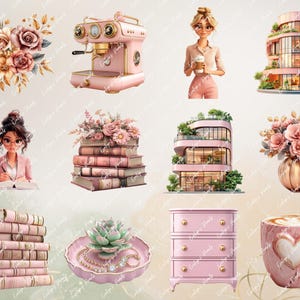 "Slide featuring pink coffee machines, businesswomen in pink attire, and rose floral arrangements with luxury pink office buildings."