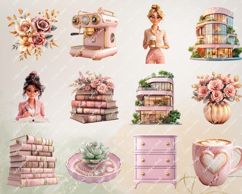 "Slide featuring pink coffee machines, businesswomen in pink attire, and rose floral arrangements with luxury pink office buildings."