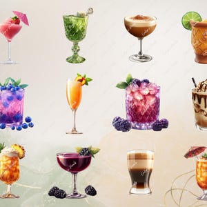 May include: A collection of 10 different cocktails, including a pink cocktail with a strawberry garnish, a green cocktail with a lime garnish, a brown cocktail with a cinnamon stick garnish, a purple cocktail with blueberries, a yellow cocktail with a peach slice garnish, a red cocktail with blackberries, a brown cocktail with whipped cream and chocolate sauce, a yellow cocktail with a pineapple garnish, a purple cocktail with blackberries, and a brown cocktail with a pineapple garnish.