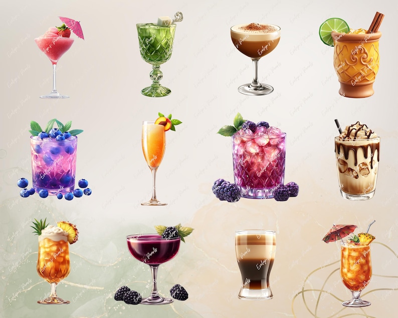 May include: A collection of 10 different cocktails, including a pink cocktail with a strawberry garnish, a green cocktail with a lime garnish, a brown cocktail with a cinnamon stick garnish, a purple cocktail with blueberries, a yellow cocktail with a peach slice garnish, a red cocktail with blackberries, a brown cocktail with whipped cream and chocolate sauce, a yellow cocktail with a pineapple garnish, a purple cocktail with blackberries, and a brown cocktail with a pineapple garnish.