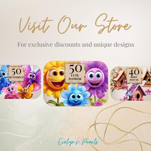 May include: An advertisement with the text "Visit Our Store" and "For exclusive discounts and unique designs." The image features cartoon illustrations of butterflies, flowers, and birdhouses with numbers.