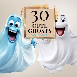 Könnte beinhalten: Zwei Cartoon-Geister, einer blau und einer weiß, mit lächelnden Gesichtern und ausgestreckten Armen. Der Text "30 CUTE GHOSTS" steht auf einem braunen Schild hinter ihnen.