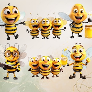 May include: A set of cartoon bee illustrations with different expressions and accessories. The bees are yellow and black with large eyes and smiles. Some bees are holding a jar of honey, a glass of beer, and a book.
