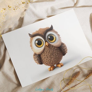 May include: A brown and white cartoon owl with large, round eyes. The owl is looking directly at the viewer with a slightly surprised expression.
