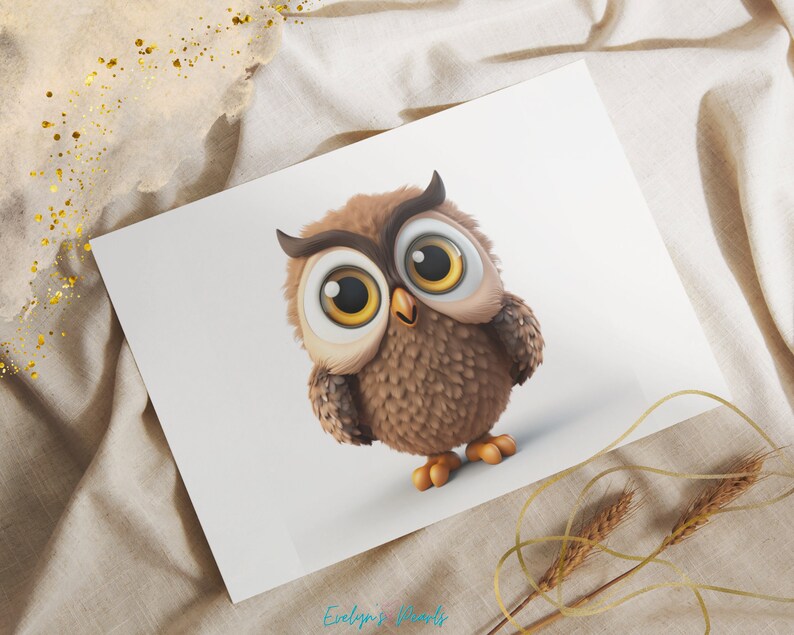 May include: A brown and white cartoon owl with large, round eyes. The owl is looking directly at the viewer with a slightly surprised expression.