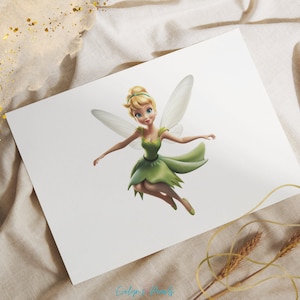 May include: A green and white fairy with wings, Tinkerbell, is flying with her arms outstretched. She has blonde hair and blue eyes.