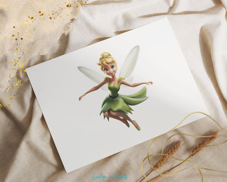 May include: A green and white fairy with wings, Tinkerbell, is flying with her arms outstretched. She has blonde hair and blue eyes.