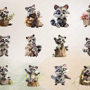 Pode incluir: Um conjunto de dez imagens de clipart digital que apresentam ador&aacute;veis ​​mapaches de desenhos animados em v&aacute;rias poses. Os mapaches s&atilde;o representados em uma variedade de ambientes, incluindo uma cesta, um toco de &aacute;rvore e uma pilha de troncos. As imagens s&atilde;o perfeitas para usar em scrapbooking digital, cria&ccedil;&atilde;o de cart&otilde;es e outros projetos de artesanato.