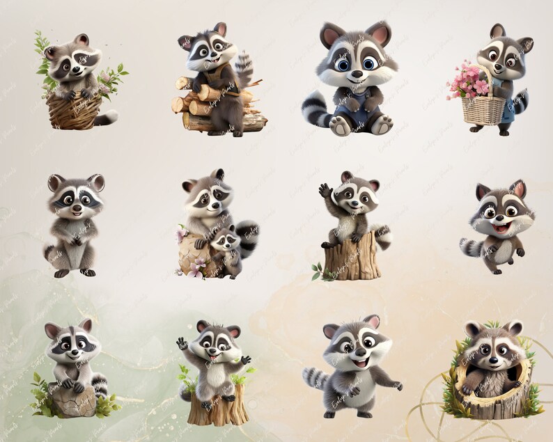 Pode incluir: Um conjunto de dez imagens de clipart digital que apresentam ador&aacute;veis ​​mapaches de desenhos animados em v&aacute;rias poses. Os mapaches s&atilde;o representados em uma variedade de ambientes, incluindo uma cesta, um toco de &aacute;rvore e uma pilha de troncos. As imagens s&atilde;o perfeitas para usar em scrapbooking digital, cria&ccedil;&atilde;o de cart&otilde;es e outros projetos de artesanato.