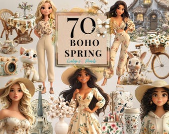 Può includere: Un'illustrazione digitale di 70 immagini clipart Boho Spring. Le immagini presentano una varietà di motivi floreali, personaggi fantasiosi ed elementi ispirati alla natura. Il testo "70 Boho Spring" è visualizzato in un font decorativo.