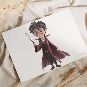 May include: A cartoon illustration of a young boy with brown hair wearing round glasses and a red and black robe. He is holding a wand in his right hand.