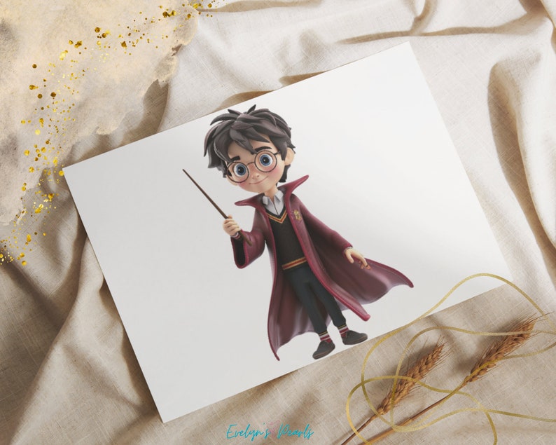 May include: A cartoon illustration of a young boy with brown hair wearing round glasses and a red and black robe. He is holding a wand in his right hand.