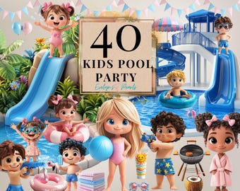 Kids Pool Party Clipart Summer PNG Birthday Party Clipart kids Activity PNG Girl and Boy PNG Classroom I Commercial Use Clipart Transparent