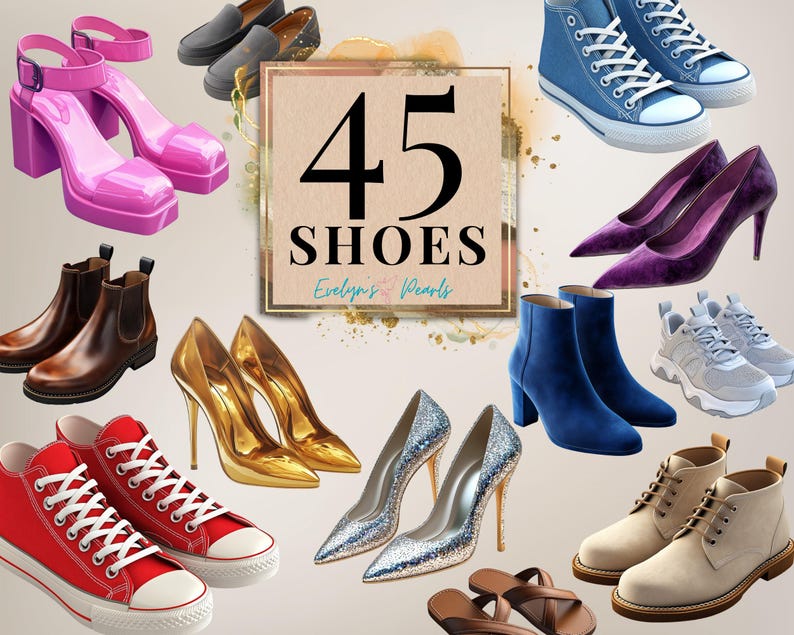 May include: A collection of 45 different shoes in various styles and colors, including sneakers, sandals, boots, and heels. The shoes are arranged on a white background with a pink and gold design.