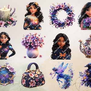 May include: A collection of digital illustrations featuring a variety of floral and fantasy elements. Includes a candle surrounded by lavender, portraits of women, a floral wreath, a vase of flowers, a teapot, a clock, a handbag, a fairy, and a raven.