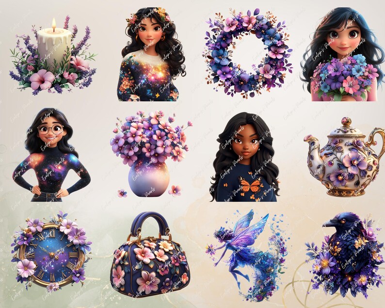 May include: A collection of digital illustrations featuring a variety of floral and fantasy elements. Includes a candle surrounded by lavender, portraits of women, a floral wreath, a vase of flowers, a teapot, a clock, a handbag, a fairy, and a raven.