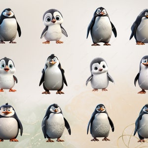 Puede incluir: Una colecci&oacute;n de 10 ilustraciones de ping&uuml;inos de dibujos animados. Los ping&uuml;inos son de diferentes tama&ntilde;os y tienen diferentes expresiones en sus caras. Algunos llevan sombreros, mientras que otros sostienen objetos. Los ping&uuml;inos est&aacute;n todos sobre un fondo marr&oacute;n claro.