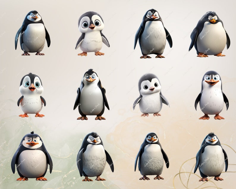 Puede incluir: Una colecci&oacute;n de 10 ilustraciones de ping&uuml;inos de dibujos animados. Los ping&uuml;inos son de diferentes tama&ntilde;os y tienen diferentes expresiones en sus caras. Algunos llevan sombreros, mientras que otros sostienen objetos. Los ping&uuml;inos est&aacute;n todos sobre un fondo marr&oacute;n claro.