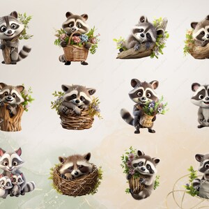Pode incluir: Uma cole&ccedil;&atilde;o de 10 ador&aacute;veis ilustra&ccedil;&otilde;es de guaxinins de desenho animado. Os guaxinins s&atilde;o retratados em v&aacute;rias poses, incluindo segurando flores, sentados em cestas e dormindo em ninhos. As ilustra&ccedil;&otilde;es est&atilde;o sobre um fundo bege claro.