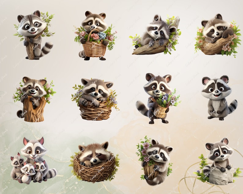 Pode incluir: Uma cole&ccedil;&atilde;o de 10 ador&aacute;veis ilustra&ccedil;&otilde;es de guaxinins de desenho animado. Os guaxinins s&atilde;o retratados em v&aacute;rias poses, incluindo segurando flores, sentados em cestas e dormindo em ninhos. As ilustra&ccedil;&otilde;es est&atilde;o sobre um fundo bege claro.