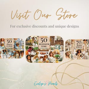 "Visit our store promotional slide showcasing additional clipart collections like 'Spring Is Here,' 'Blossom Time,' and 'Boho Spring.'"