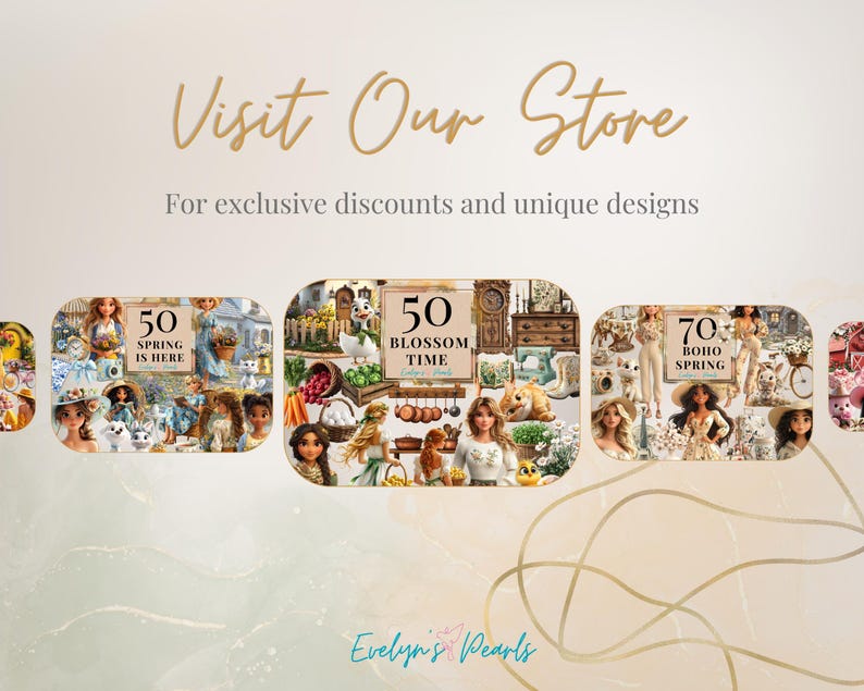 "Visit our store promotional slide showcasing additional clipart collections like 'Spring Is Here,' 'Blossom Time,' and 'Boho Spring.'"
