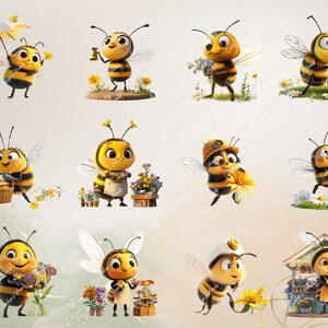 May include: A collection of ten cartoon bee illustrations with various poses and accessories. The bees are yellow and black with large, round eyes. Some bees are holding flowers, umbrellas, or baskets. Others are wearing hats or carrying tools.