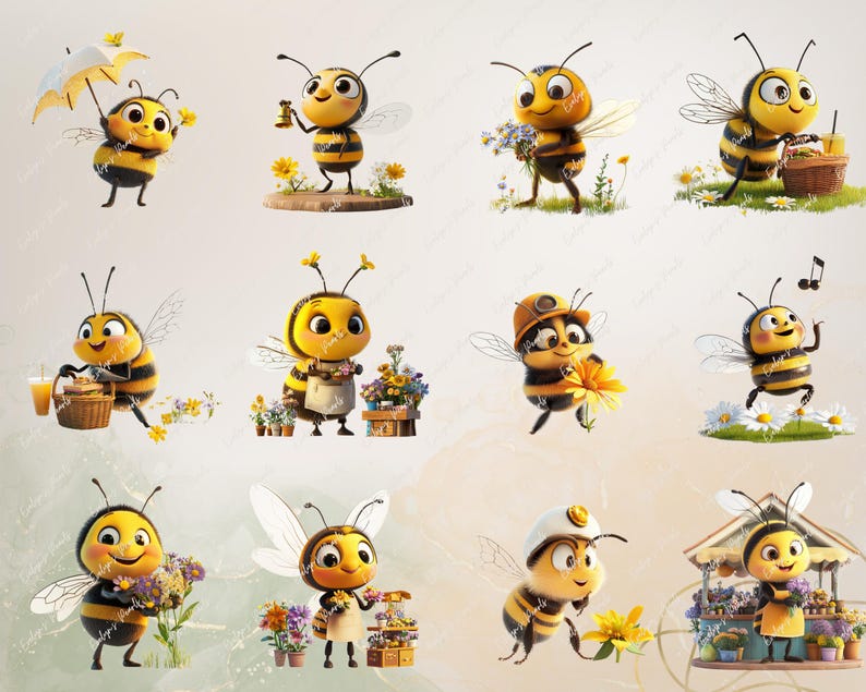 May include: A collection of ten cartoon bee illustrations with various poses and accessories. The bees are yellow and black with large, round eyes. Some bees are holding flowers, umbrellas, or baskets. Others are wearing hats or carrying tools.