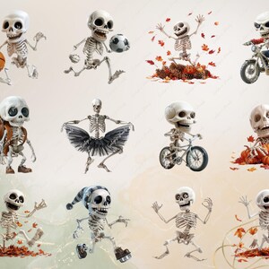 May include: A collection of ten cartoon skeleton characters in various poses, including playing basketball, riding a motorbike, riding a bicycle, dancing ballet, and holding pumpkins. The skeletons are all wearing different outfits and accessories.