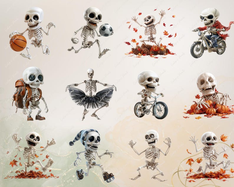 May include: A collection of ten cartoon skeleton characters in various poses, including playing basketball, riding a motorbike, riding a bicycle, dancing ballet, and holding pumpkins. The skeletons are all wearing different outfits and accessories.