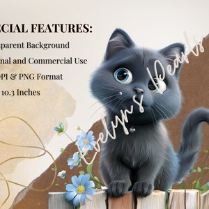 May include: A cartoon gray kitten with blue eyes sits on a wooden fence with blue flowers. The background is a brown and beige watercolor wash with gold lines.